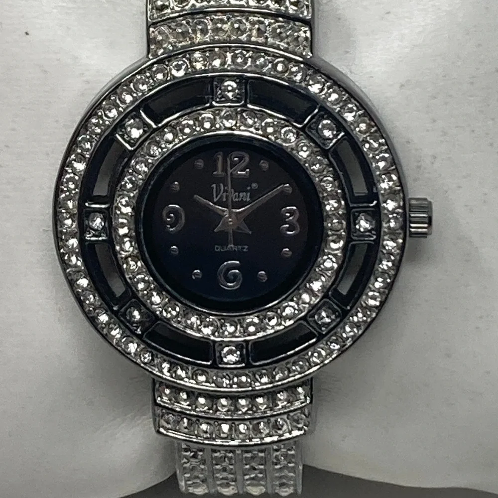 Vivani Cuff Watch Women 31mm Gunmetal Gray Crystal Bling Pave New Batt SMALL 6
